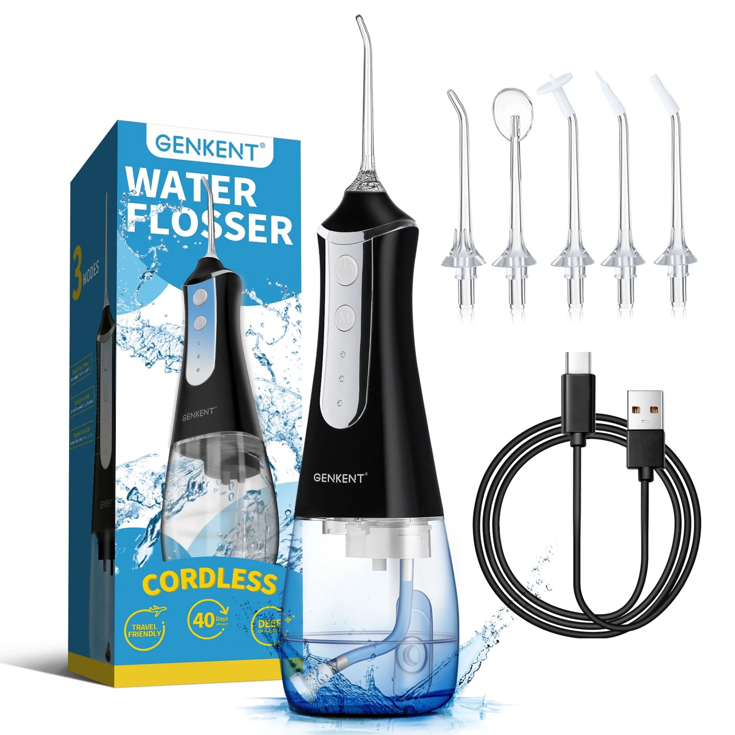 Water Flosser for Teeth, Cordless Dental Flosser 3 Modes 5 Tips Rechargeable, Black