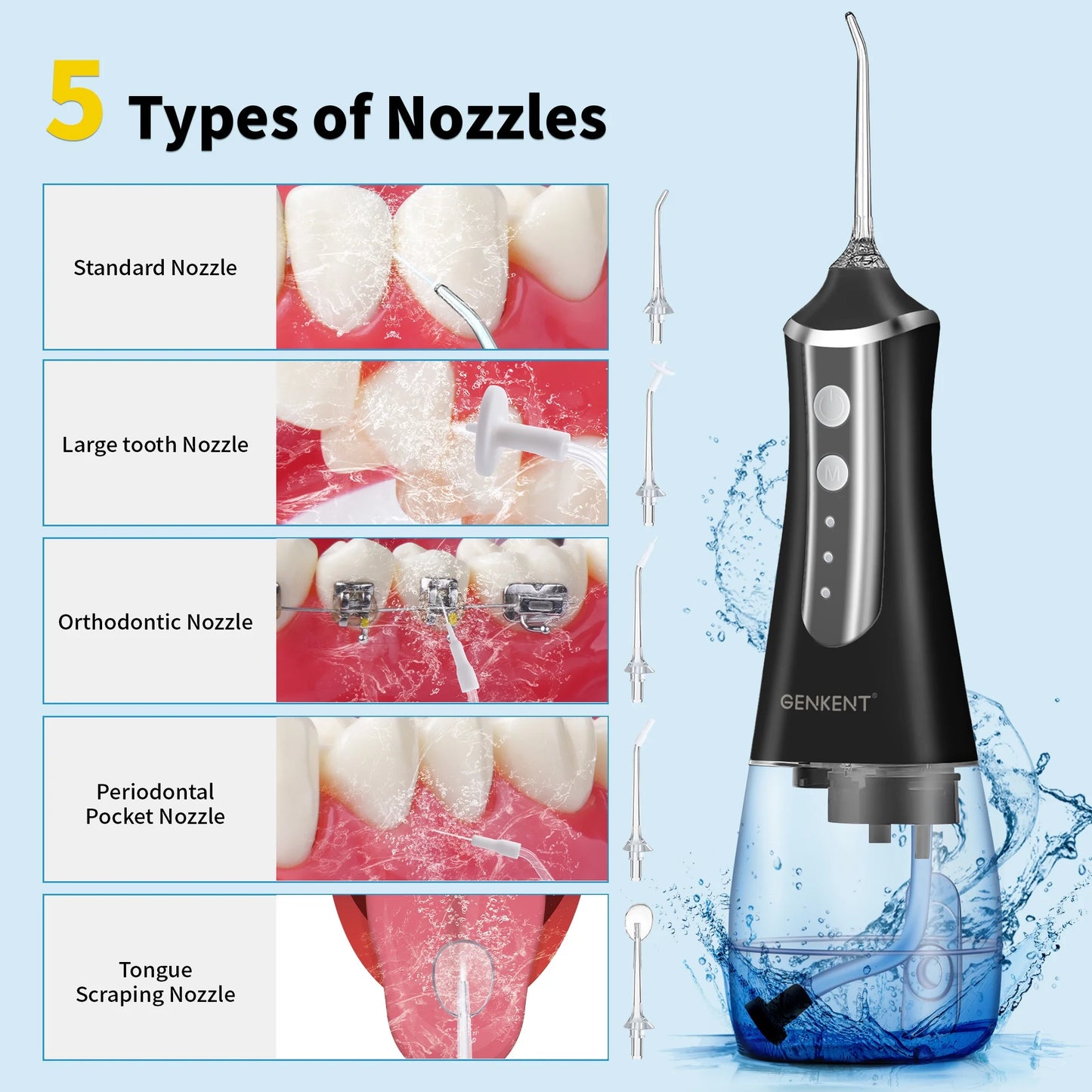 Water Flosser for Teeth, Cordless Dental Flosser 3 Modes 5 Tips Rechargeable, Black